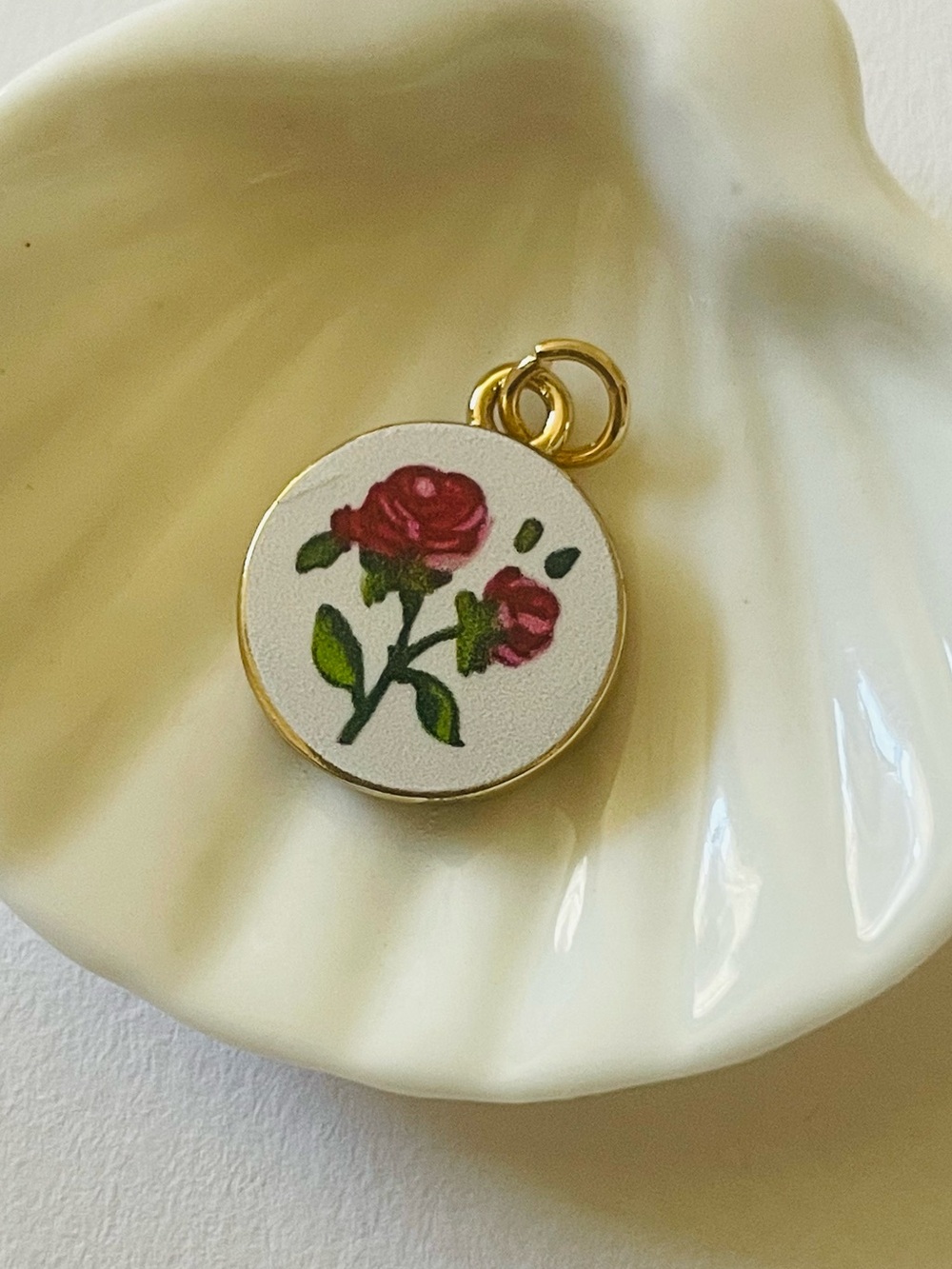 Feminine Gold Floral Rose Charm Pendant in Red and Green, vintage inspired